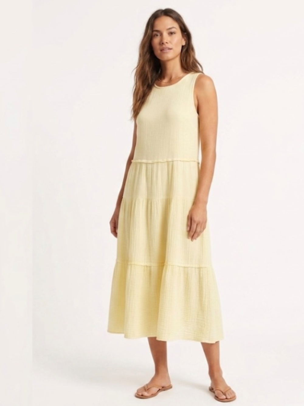 Three Dots 100% Cotton Gauze Tiered Maxi Dress Sz S Butter Yellow Beachy Boho